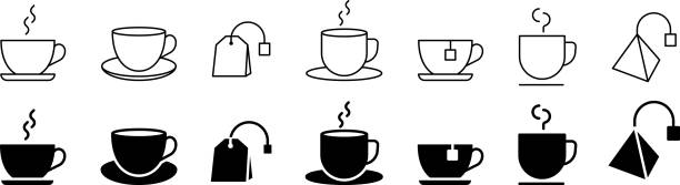 ilustraciones, imágenes clip art, dibujos animados e iconos de stock de arte lineal monocromático vectorial de bebidas calientes y conjunto de iconos de silueta - tea cup