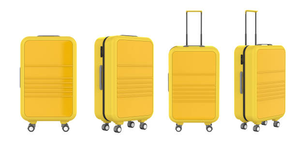 istock Set of yellow luggages in various angles isolated on white 2165160843