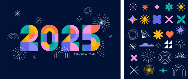 happy new year 2025. geometrical modern style design, concept illustration, banner, poster and background - tahun baru ilustrasi stok