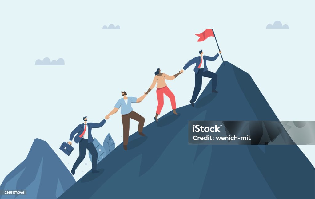 사업가의 팀워크, 직원들의 단합, 사업 성공의 어려움, 경영팀은 산 정상에 오르고 어려움을 극복하고 목표를 달성합니다. 벡터. - 로열티 프리 리더십 벡터 아트 사업가의 팀워크, 직원들의 단합, 사업 성공의 어려움, 경영팀은 산 정상에 오르고 어려움을 극복하고 목표를 달성합니다. 벡터. - 로열티 프리 리더십 벡터 아트