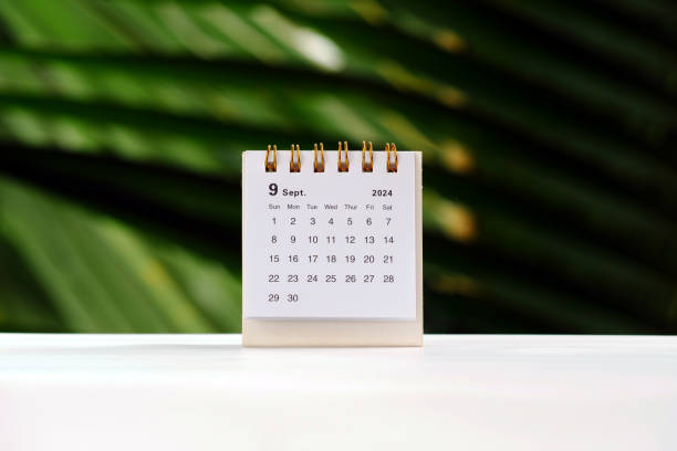 istock Desk calendar for September 2024 on table with bokeh nature background 2165174054
