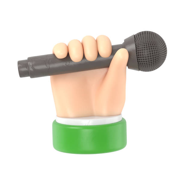 Cartoon Gesture Icon Mockup.Cartoon hand holding microphone.3D rendering on white background.