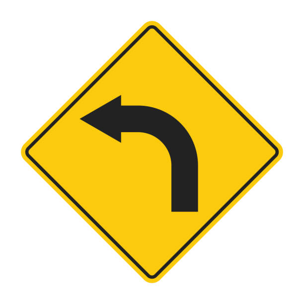 istock Isolated turn left with caution in yellow diamond shape traffic sign label 2165181317