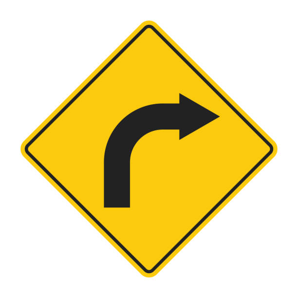 istock Isolated turn right with caution in yellow diamond shape traffic sign label 2165181353