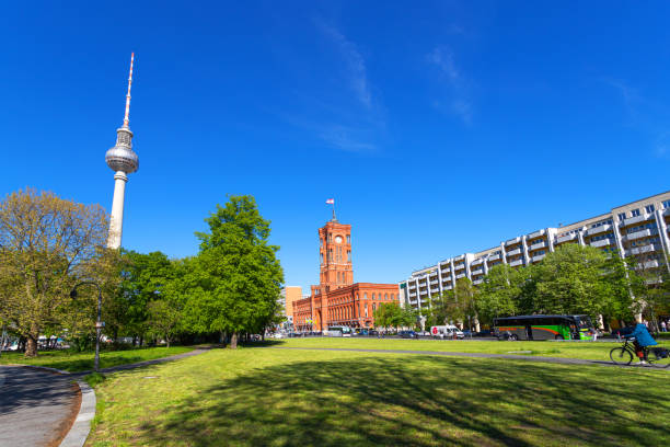 The famous Berlin TV tower. View from below. Architecture. Europe.