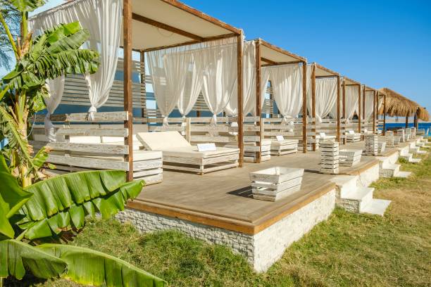 istock Luxurious beachfront gazebos on the beach with white curtains 2165192903