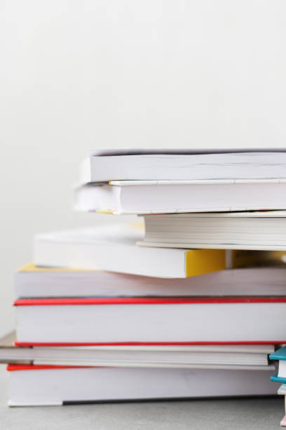 istock Stack of books with colorful bookbindings against white wall with copy space, book lover 2165198812