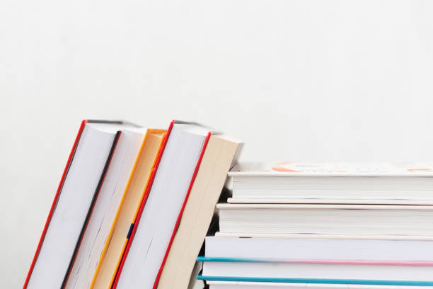 istock Stack of books with colorful bookbindings against white wall with copy space, book lover 2165198944