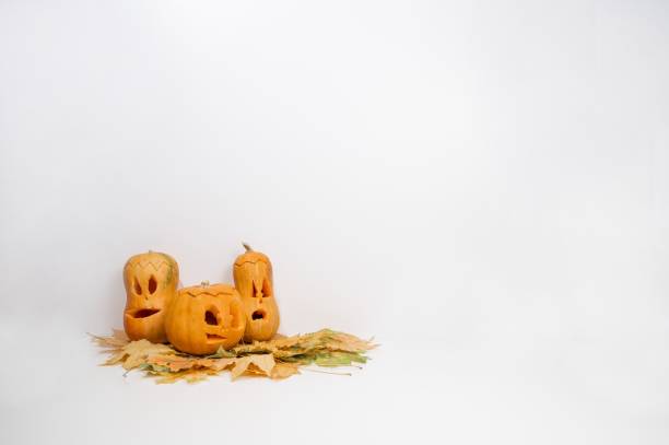 istock Group of jack-o-lantern on maple leaves. Halloween decoration on a white background. 2165200959
