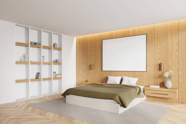 istock Cozy home bedroom interior with bed and shelf with decoration. Mock up frame 2165201199