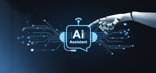 istock Robot finger touch digital AI assistant hologram with abstract circuit lines 2165202300