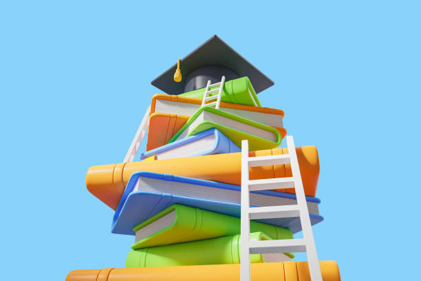 istock Stack of colorful books with ladders and graduation cap. 3D Rendering 2165202373