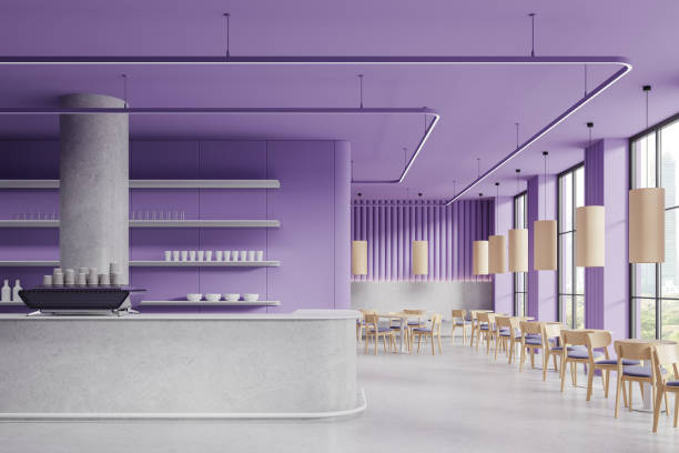 Purple restaurant interior with stone bar counter and shelf with dishes, concrete floor. Eating tables and chairs in row. Panoramic window on Bangkok skyscrapers. 3D rendering