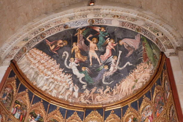 Fresco mural depicting the final judgment of Christianity on the altarpiece of the old cathedral of Salamanca, Castile and Leon, Spain. Painted in the 15th century