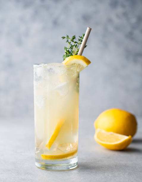 istock Freshness mojito drink with lemon, mint and ice. Citrus lemonade on a blue background and fruits close up. 2165203438