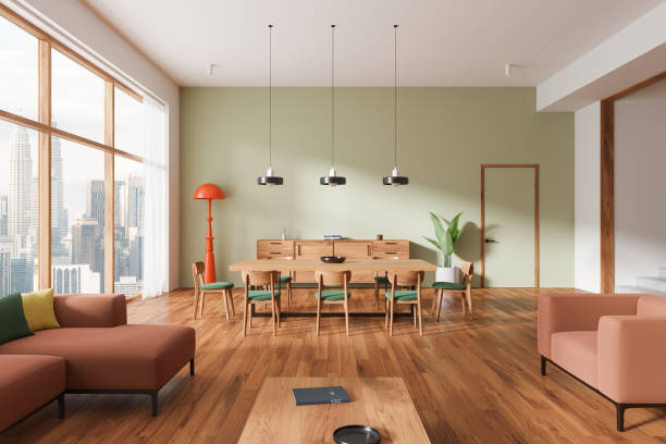 istock Colored living room interior with chilling and eating space, panoramic window 2165203511