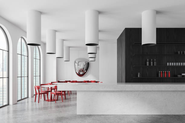 istock White cafe interior with bar island and dining space, panoramic window 2165203550