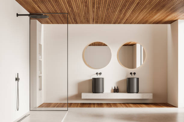 istock Modern bathroom with wooden ceiling and minimalist design. 3D Rendering 2165203557