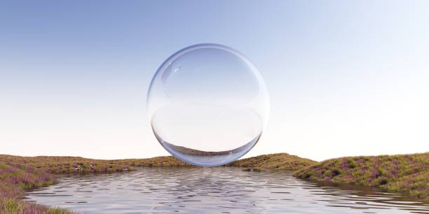 istock 3D rendering of an abstract landscape with a lake and floating bubbles. 2165204113