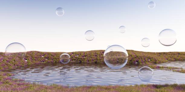 3D rendering of an abstract landscape with a lake and floating bubbles.Minimalist design featuring purple grass and trees in a surreal environment. Scenic, uncluttered backdrop for product advertising.