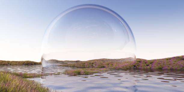 istock 3D rendering of an abstract landscape with a lake and floating bubbles. 2165204121