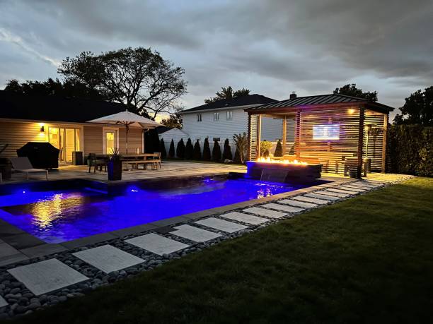 istock Gorgeous modern backyard at night, perfect lighting design and aesthetics 2165218189