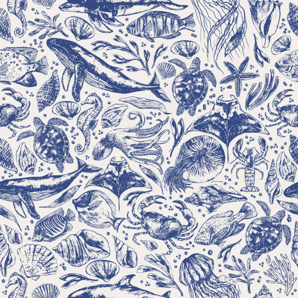 Vector sea animals seamless pattern. Sea life background in blue color with whale, dolphin, octopus, crab, seahorse, sea turtle, jellyfish, starfish, manta ray,  nautilus, shells.