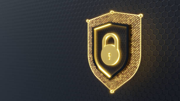 istock Security solutions concept. Abstract shield with lock symbol in the middle. Minimalistic 3d concept. 2165227837