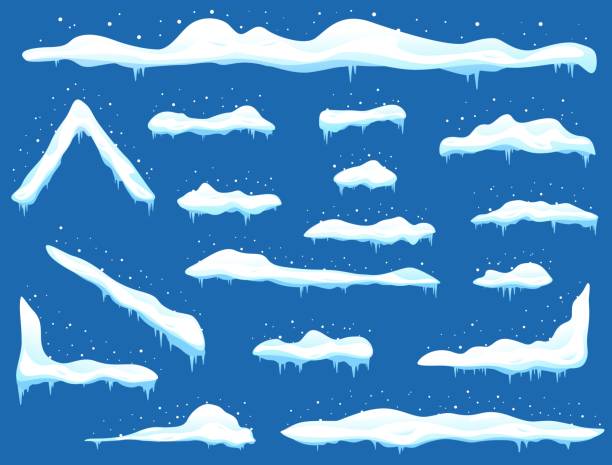 Snow caps. Cartoon snowdrifts. Different shapes with icicles. Winter frame decorations. Snowy roof. Cold season effect. Icy heaps. Distribution by form. White frozen elements vector set Snow caps. Cartoon snowdrifts. Different shapes with icicles. Winter frame decorations. Snowy roof. Cold season effect. Icy heaps. Frost weather. Distribution by form. White frozen elements vector set snow ground texture stock illustrations