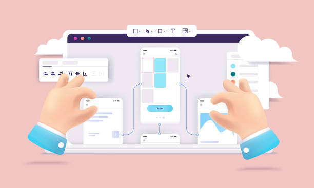 Design prototype work Laptop screen with hands working in wireframe and prototyping software. UX design concept in flat design, front view vector illustration web design stock illustrations