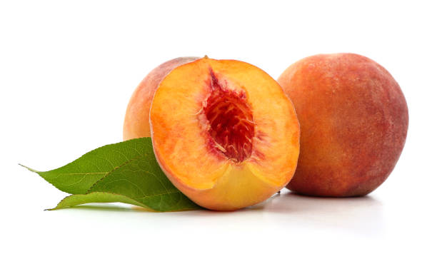 istock Sliced peach and leaves. 2165245383