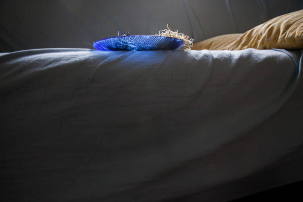 Blue Dessert Plate Standing On The Side Of Bed