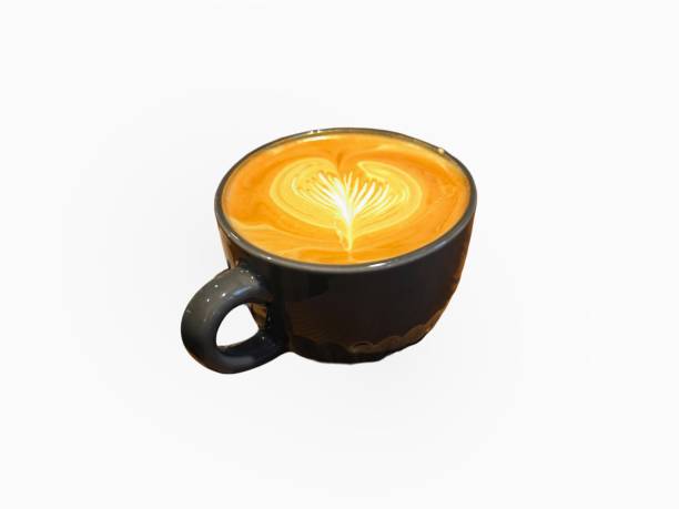 istock Hot latte coffee in ceramic cup isolated on white background. Heart pattern latte art. Coffee menu. Cafe concept 2165249745