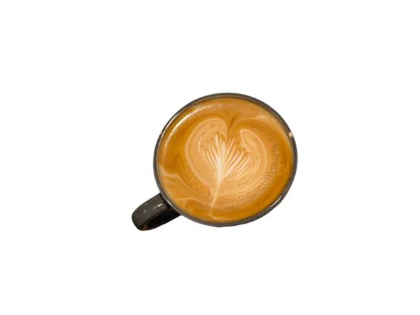 istock Hot latte coffee in ceramic cup isolated on white background. Heart pattern latte art. Coffee menu. Cafe concept 2165249749