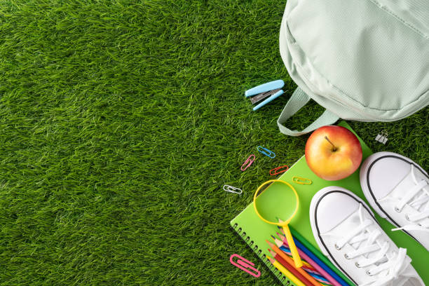 istock Top view of back to school essentials including backpack, shoes, apple, notebook, and stationery on grass 2165249973