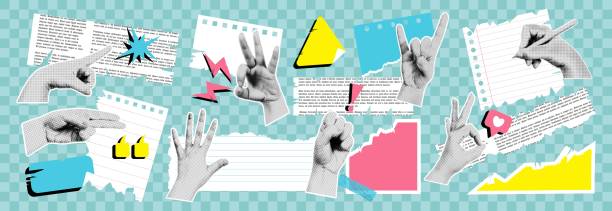 Collection of torn paper, newspaper, hands for collages. Trendy vector illustration. Collection of torn paper, newspaper, hands for collages. Trendy vector illustration. reminder-stamp stock illustrations
