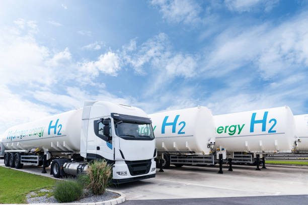 istock Truck with hydrogen tank trailers. Hydrogen transportation concept 2165256483