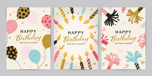 Happy Birthday greeting card and invitation templates with glitter elements. Trendy Vector illustration Happy Birthday greeting card and invitation templates with glitter elements. Trendy Vector illustration birthday stock illustrations