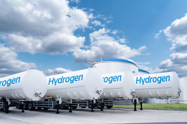istock Hydrogen tank trailers stand in a row. Clean fuel concept 2165262967