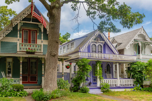 Oak Bluffs, Martha's Vineyard, MA July 10, 2024: Brightly painted Gingerbread cottages in the historic Camp Meeting district is a popular tourist destination.