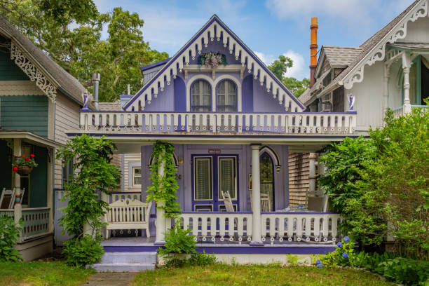 Purple white colored gable of thai home in Bangkok