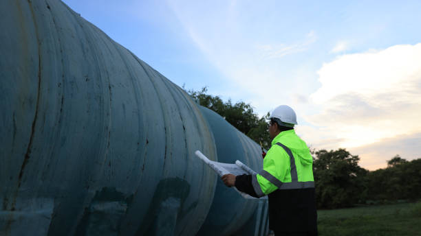istock Senior Chief Engineer Check maintenance Liquid circulation system in a large water tank according to a plan with a blueprint as a reference document. 2165264564