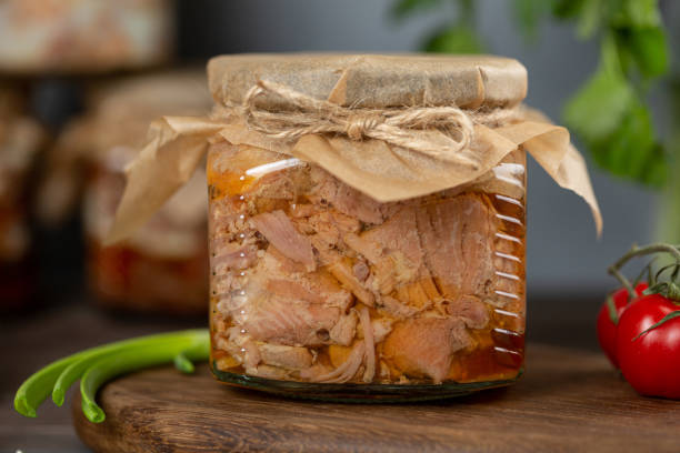 istock Canned turkey meat in glass jar 2165264849