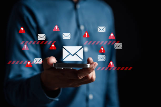 istock Alert Email inbox and spam virus with warning caution for notification on internet letter security protect, junk and trash mail and compromised information. 2165272796
