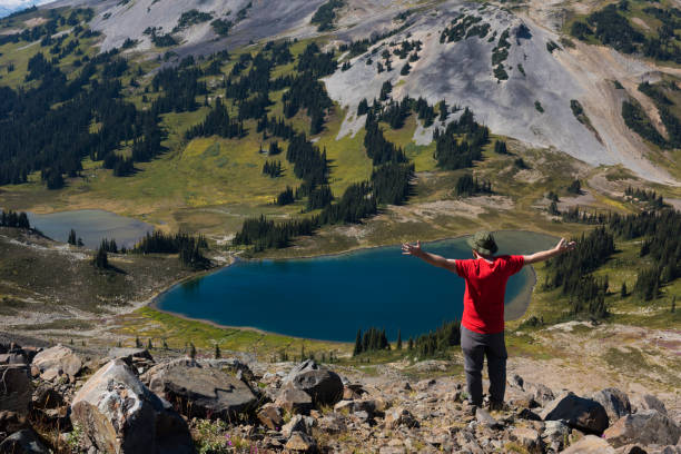 istock Man stands above lake and mountains 2165281880