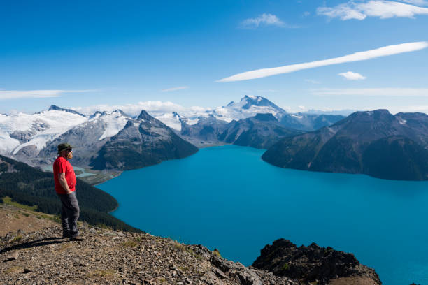 istock Man hikes above lake and mountains 2165281950