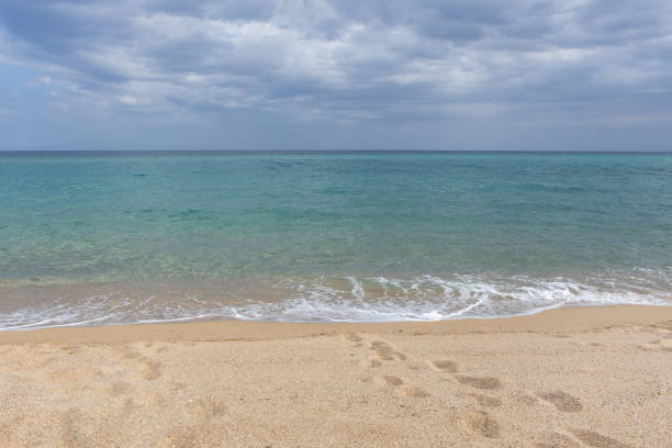 Tranquil seascape featuring turquoise waters, sandy shore, and overcast sky, creating a peaceful tropical atmosphere.
