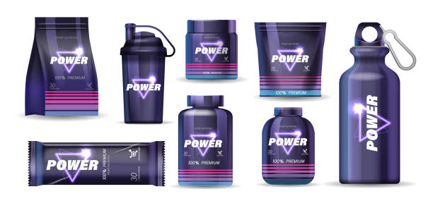 Collection Of Sports Nutrition Products Including Protein Powder, Shaker Bottle, Water Bottle, Supplements For Athletes Collection Of Sports Nutrition Products Including Protein Powder, Shaker Bottle, Water Bottle, And Supplements For Athletes And Fitness Enthusiasts, Designed To Improve Performance And Recovery protein powder bottle stock illustrations