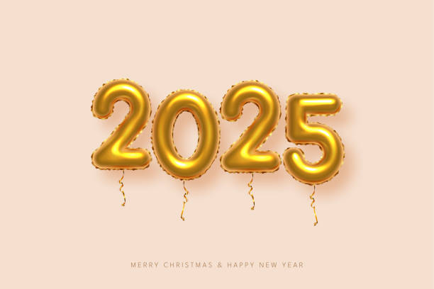 istock 2025 balloon numbers on New Year greeting card vector template. Festive Christmas social media banner design with congratulations. Golden numbers with confetti illustration on beige background 2165293667