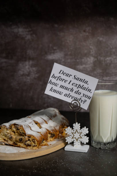 istock Paper note with message DEAR SANTA BEFORE I EXPLAIN HOW MUCH DO YOU KNOW ALREADY joke humor pun.Christmas Stollen with glass of milk for SANTA in Christmas lights and decoration. Traditional sweet fruit loaf with icing sugar festive pastry dessert 2165301192